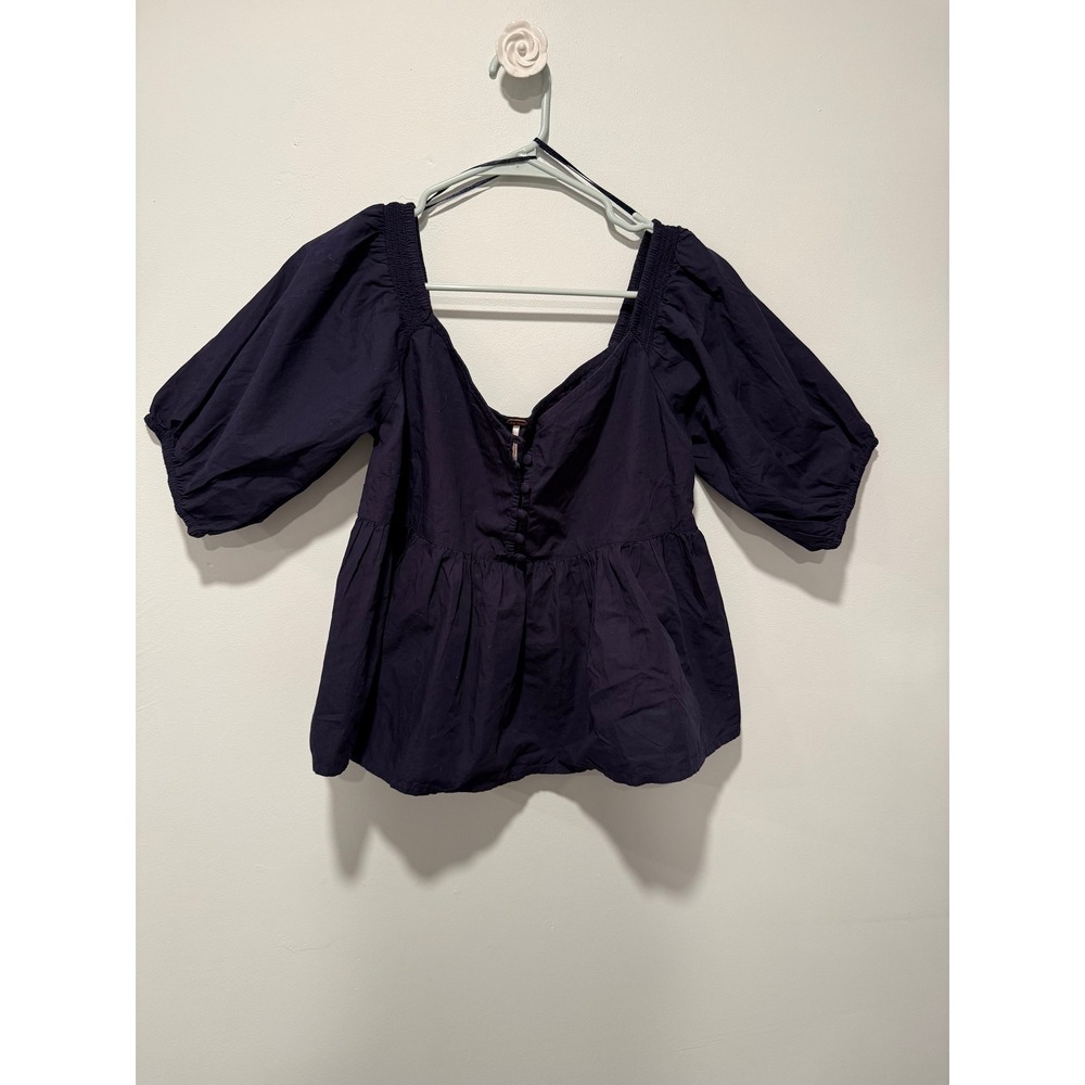 Free People Navy Blue Cotton Puff Sleeve Boho Babydoll Cropped Blouse Medium